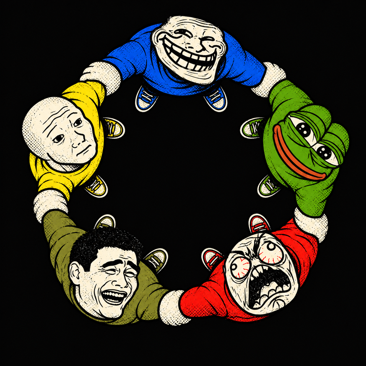 Wojak, Pepe, Trollface, Rage Face and the Yao Ming reaction face joining arms in a circle